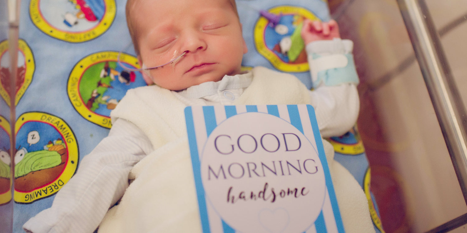 Little Miracle Preemie baby boy in the NICU. Document special moments in the neonatal unit with Three Little Tots NICU Milestone Cards 
