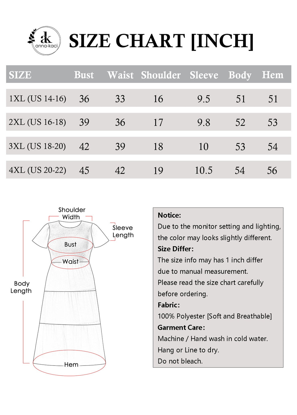 Size chart for anna-kaci-womens-full-figure-maxi-dress, including measurements for 1XL to 4XL in inches.anna-kaci-womens-full-figure-maxi-dress