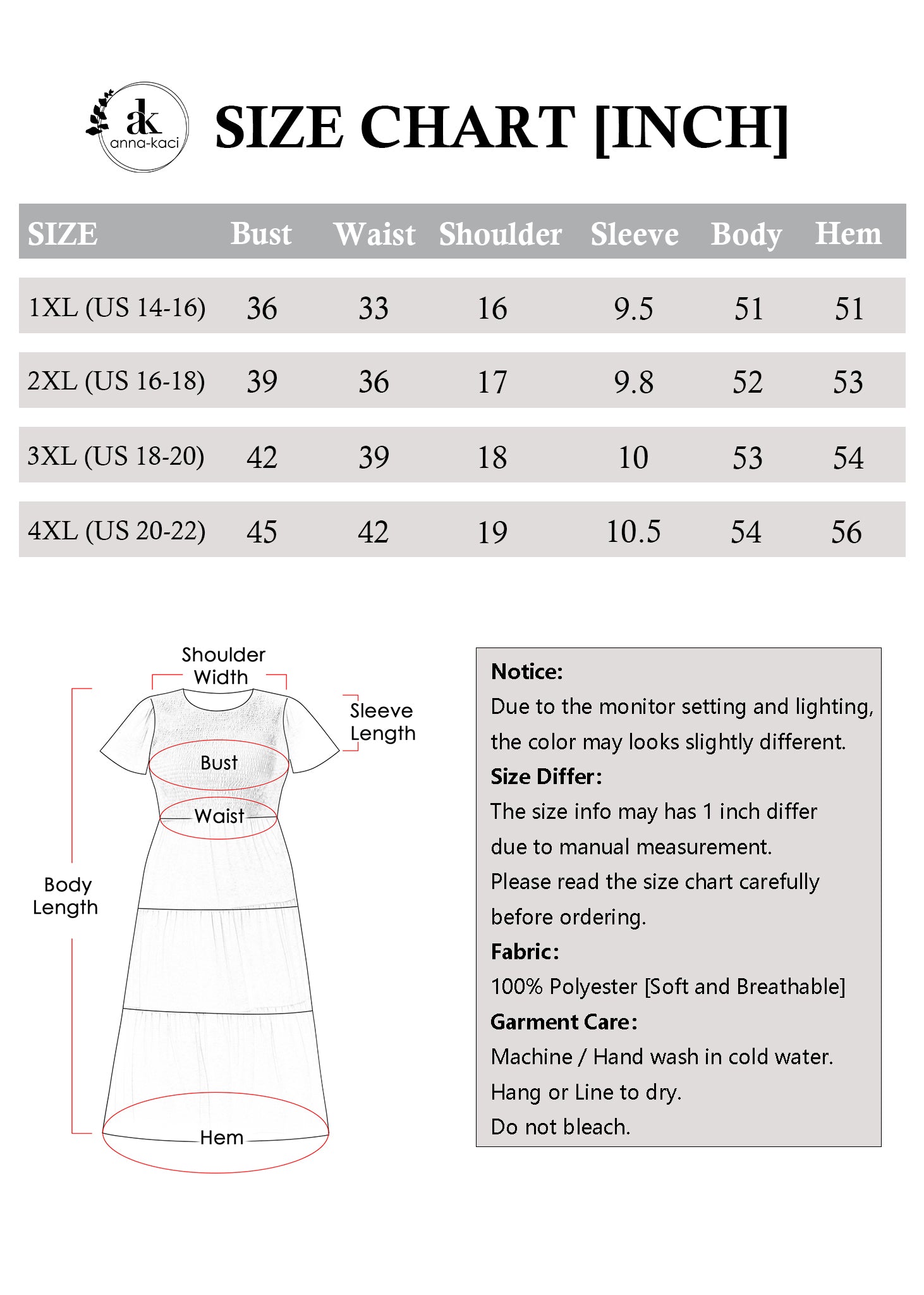 Size chart for anna-kaci-womens-full-figure-maxi-dress, including measurements for 1XL to 4XL in inches.anna-kaci-womens-full-figure-maxi-dress
