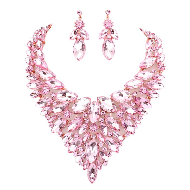 Pink Marquise Stone Cluster Statement Evening Necklace, These gorgeous marquise stone cluster jewelry sets will show your perfect beauty & class on any special occasion. The elegance of these stones goes unmatched. Great for wearing at a party, wedding, wedding showers, birthdays, prom, graduation, anniversaries, etc. Perfect for adding just the right amount of glamour and sophistication to important occasions.