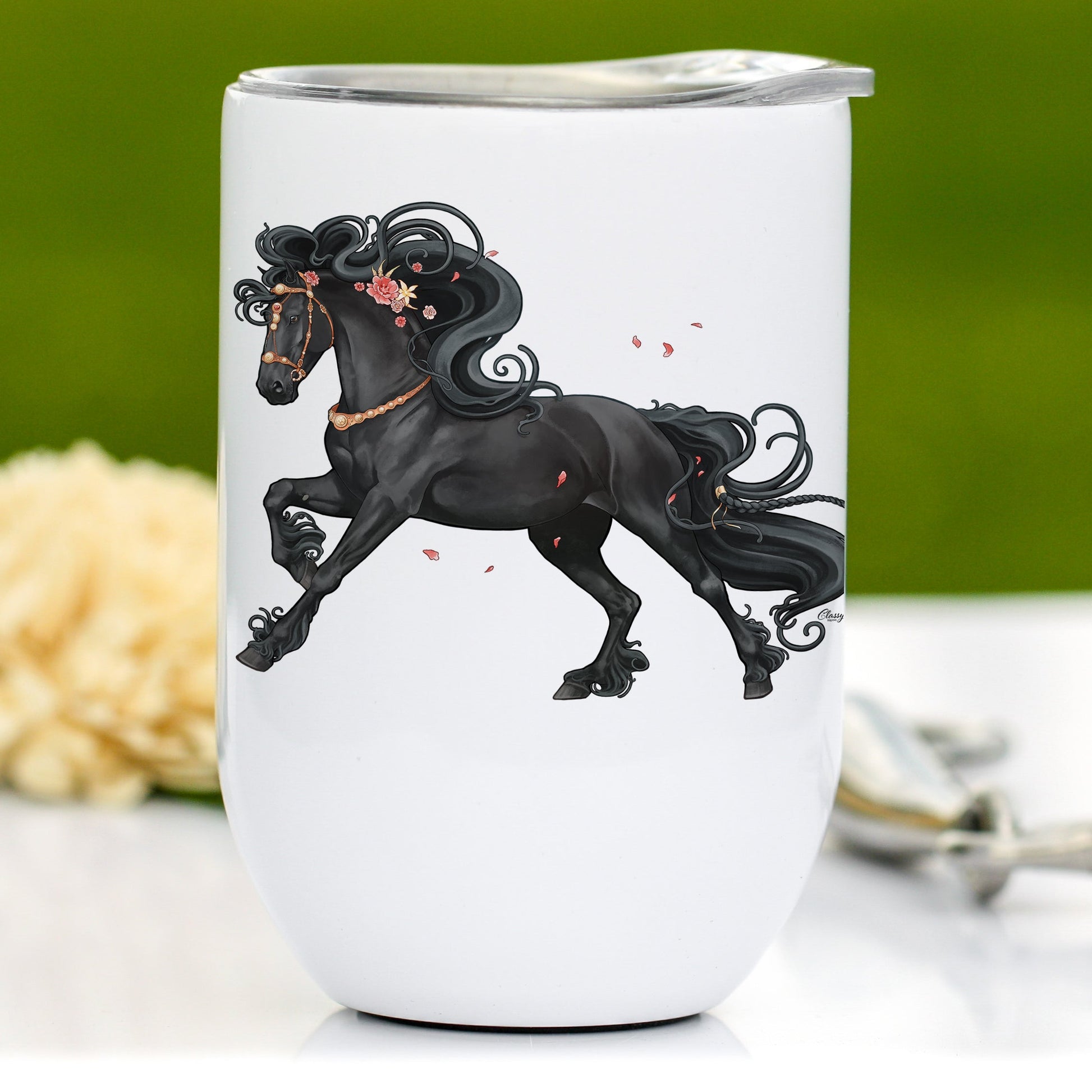 Pink Floral Friesian Horse Wine Tumbler by Classy Equine
