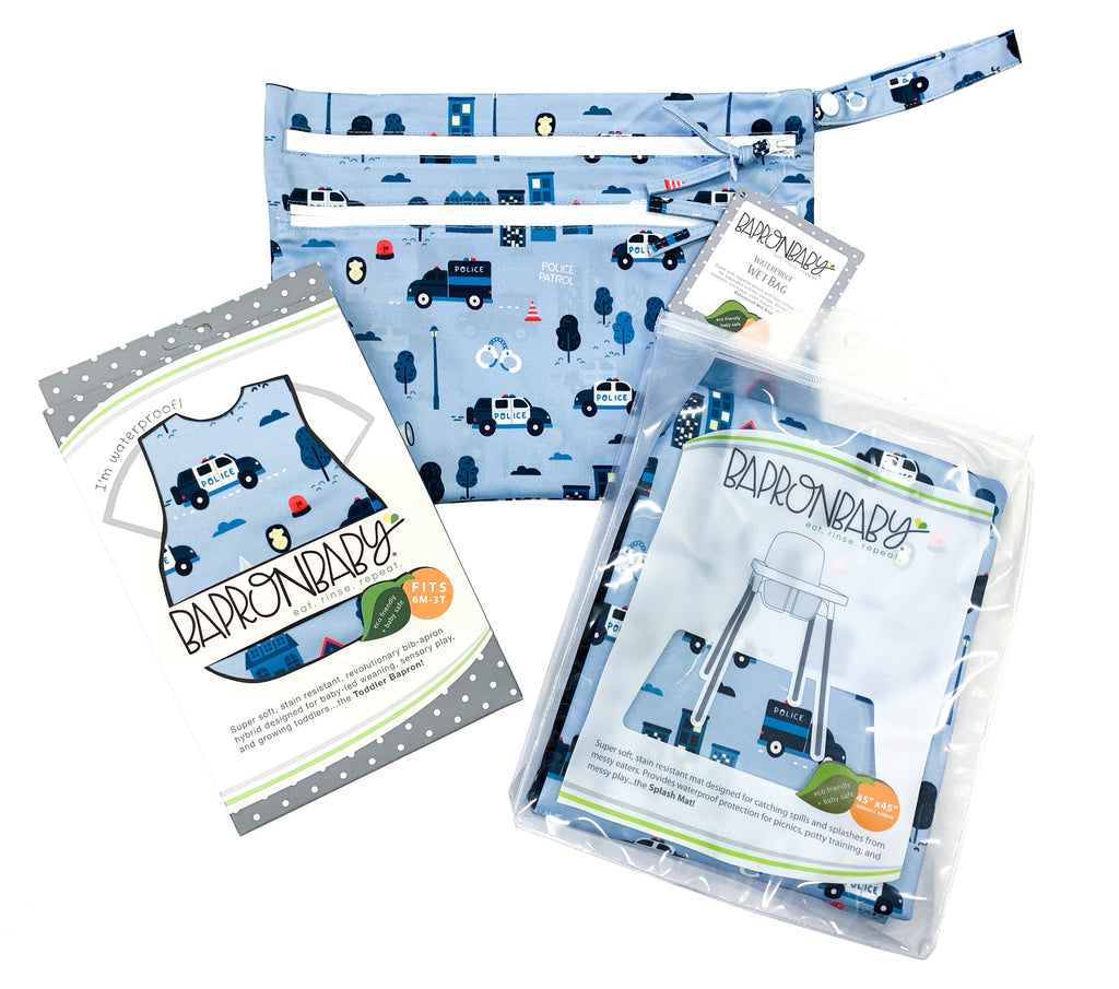 Be Brave - Police Patrol Splash Mat - A Waterproof Catch-All for Highchair Spills and More! by BapronBaby