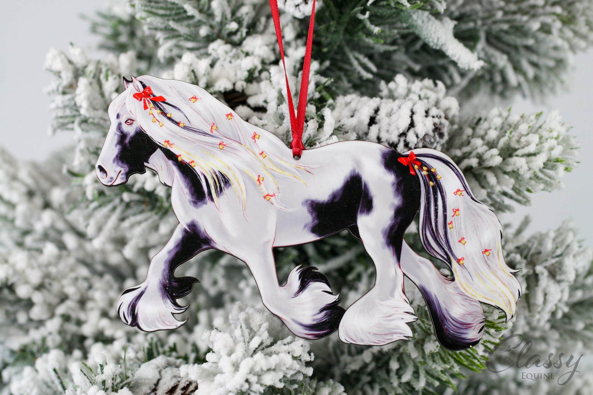 Trotting Black and White Tobiano Gypsy Vanner Horse Christmas Ornament by Classy Equine