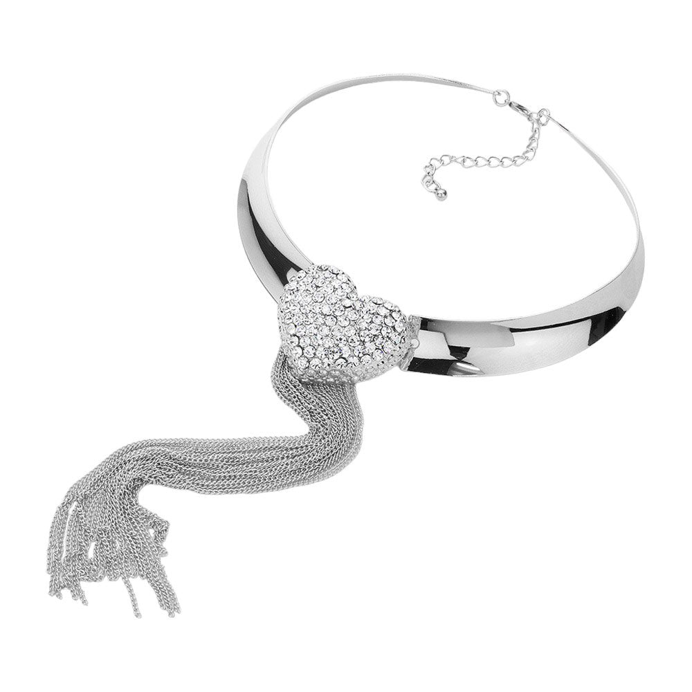 Rhodium Rhinestone Embellished Heart Long Dropped Metal Chain Tassel Jewelry Set, is perfect for adding a touch of glamour to your special occasion look. This sparkling rhinestone set will instantly give any outfit an eye-catching edge. The metal chain tassels provide an elegant look. Perfect gift choice on any special day!