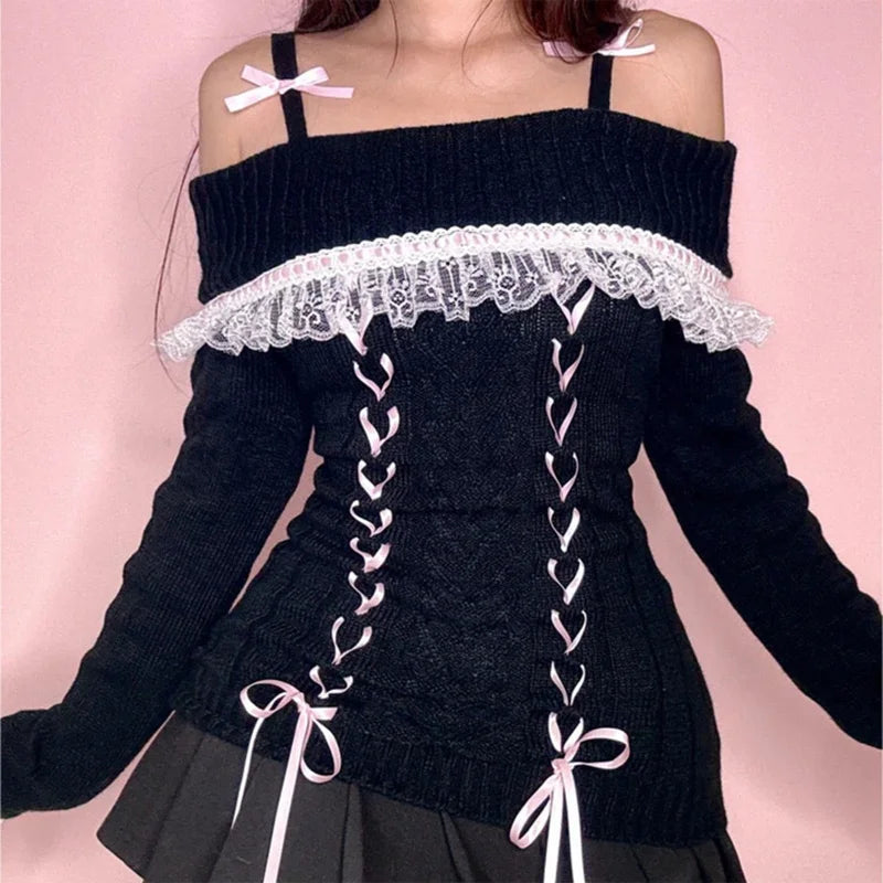 Coquette Off Shoulder Ribbon Sweater