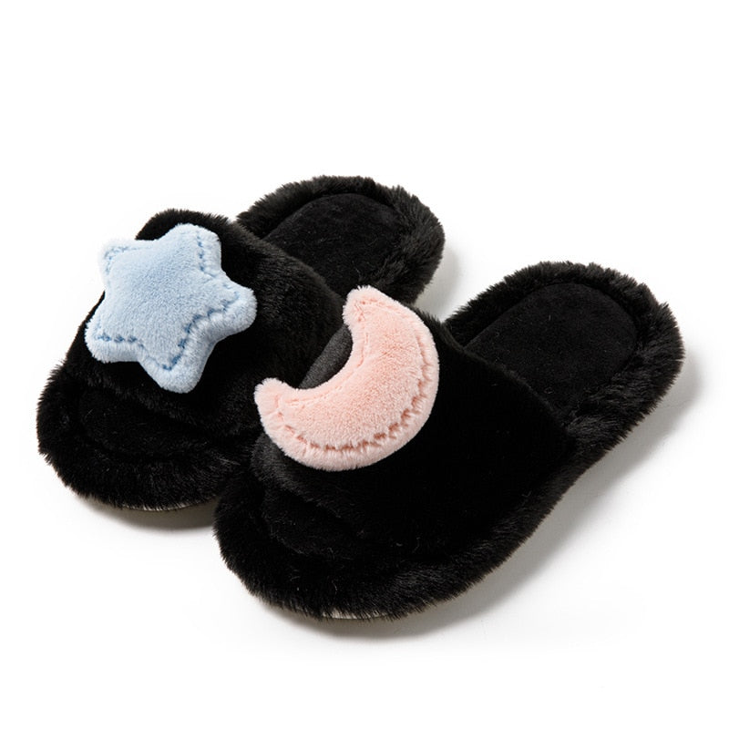 Kawaii Moon & Star Cotton Slippers in Bblack