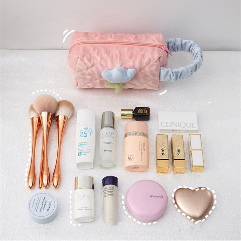 Kawaii Pink and Blue Flower Makeup Bag