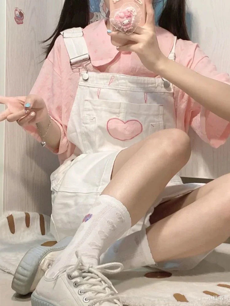 Pink Heart White Overalls