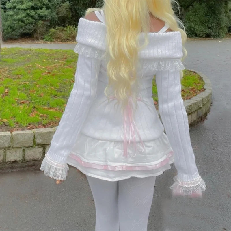 Coquette Off Shoulder Ribbon Sweater