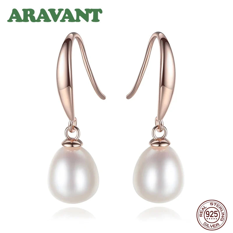 925 Sterling Silver Rose Gold Drop Earrings For Women Freshwater Pearl Earrings Wedding Jewelry White Pink Purple