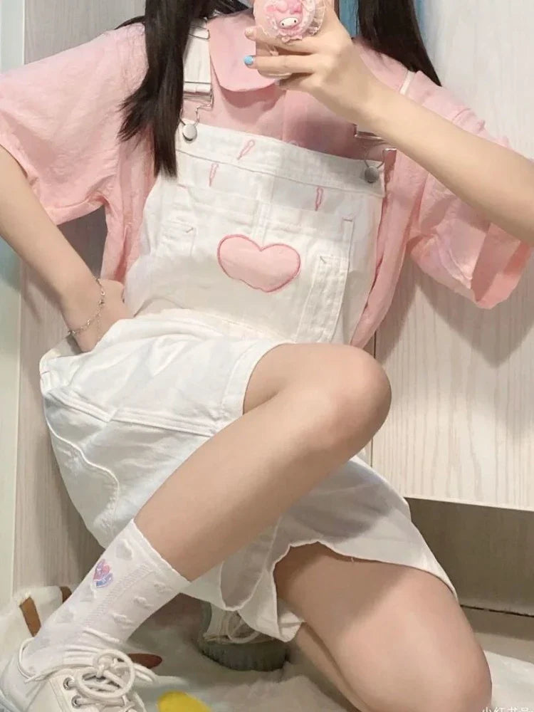 Pink Heart White Overalls