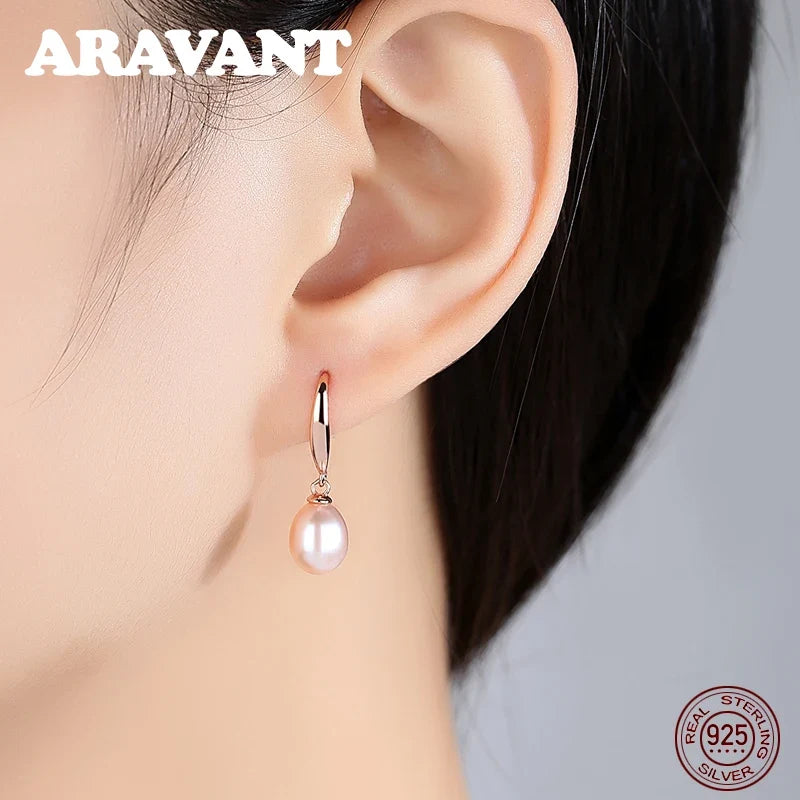 925 Sterling Silver Rose Gold Drop Earrings For Women Freshwater Pearl Earrings Wedding Jewelry White Pink Purple