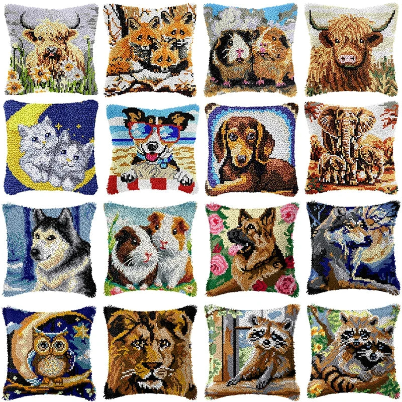 Knot Pillow Package Cartoon Animals Latch Hook Kit Cushion Pillowcase Kussen Set For Needlework Dog Raccoon Latch Hook Kits DIY