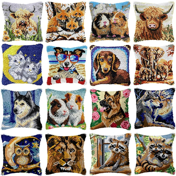 Knot Pillow Package Cartoon Animals Latch Hook Kit Cushion Pillowcase Kussen Set For Needlework Dog Raccoon Latch Hook Kits DIY