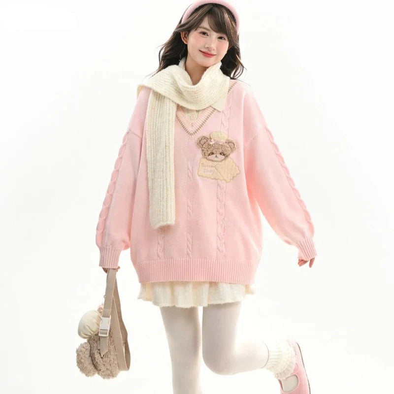 Cute Cookie Bear V-Neck Sweater