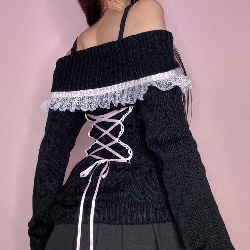 Coquette Off Shoulder Ribbon Sweater