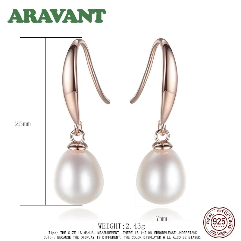 925 Sterling Silver Rose Gold Drop Earrings For Women Freshwater Pearl Earrings Wedding Jewelry White Pink Purple