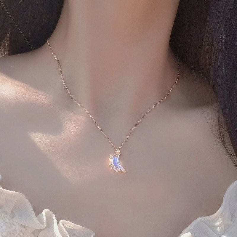 Kawaii Glazed Stone Moon Pendant Necklace