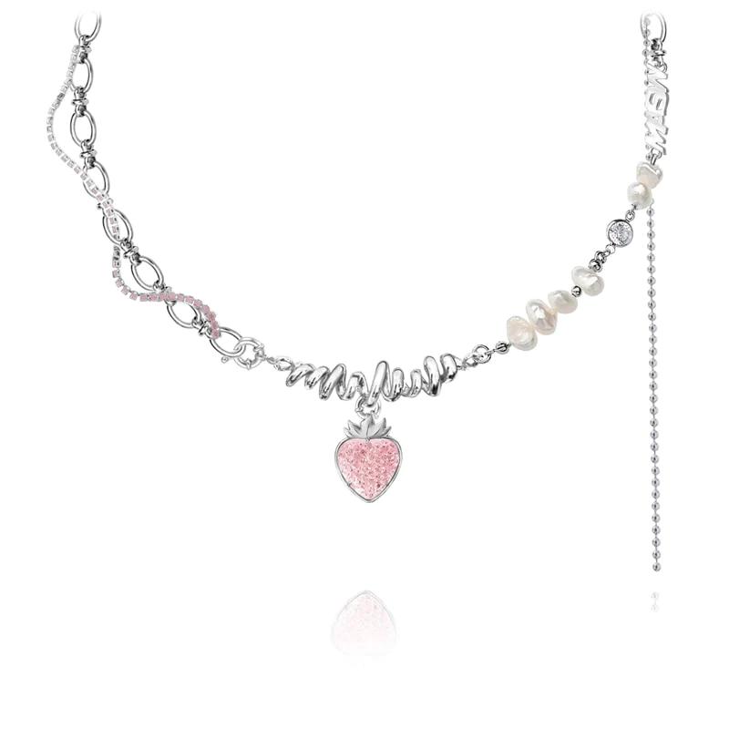 Kawaii Strawberry Pendant Necklace with Fresh Water Pearls