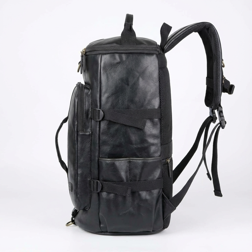 Black backpack on a white background
