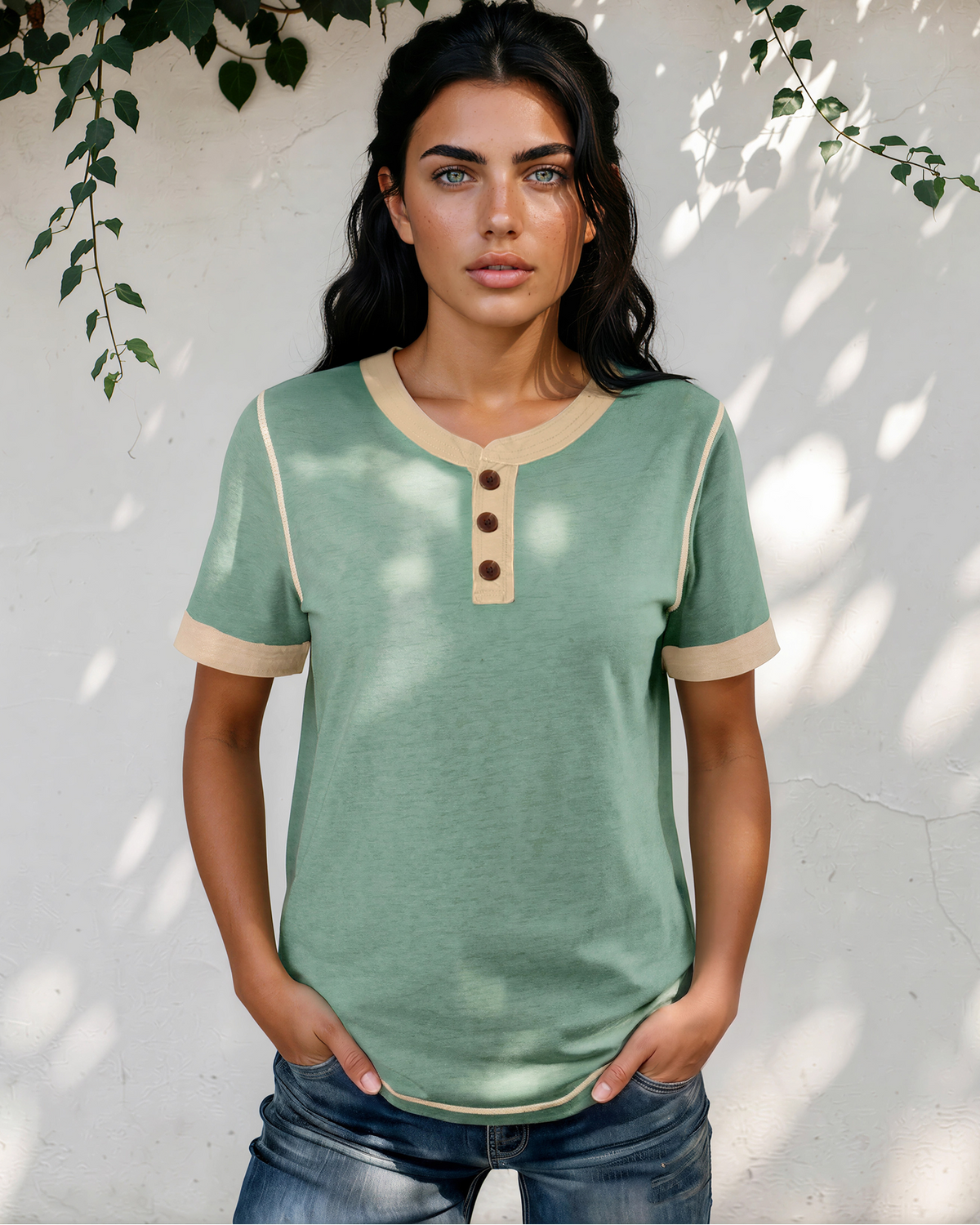 Teagan Raw Seam Color Block Detail Buttoned Henley Tee