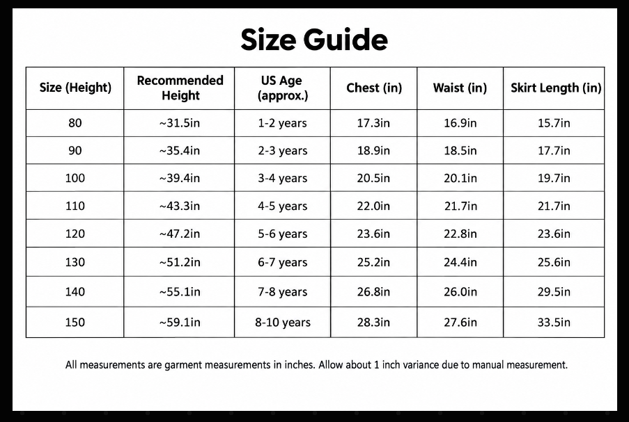 Flower girl dress size guide chart in inches