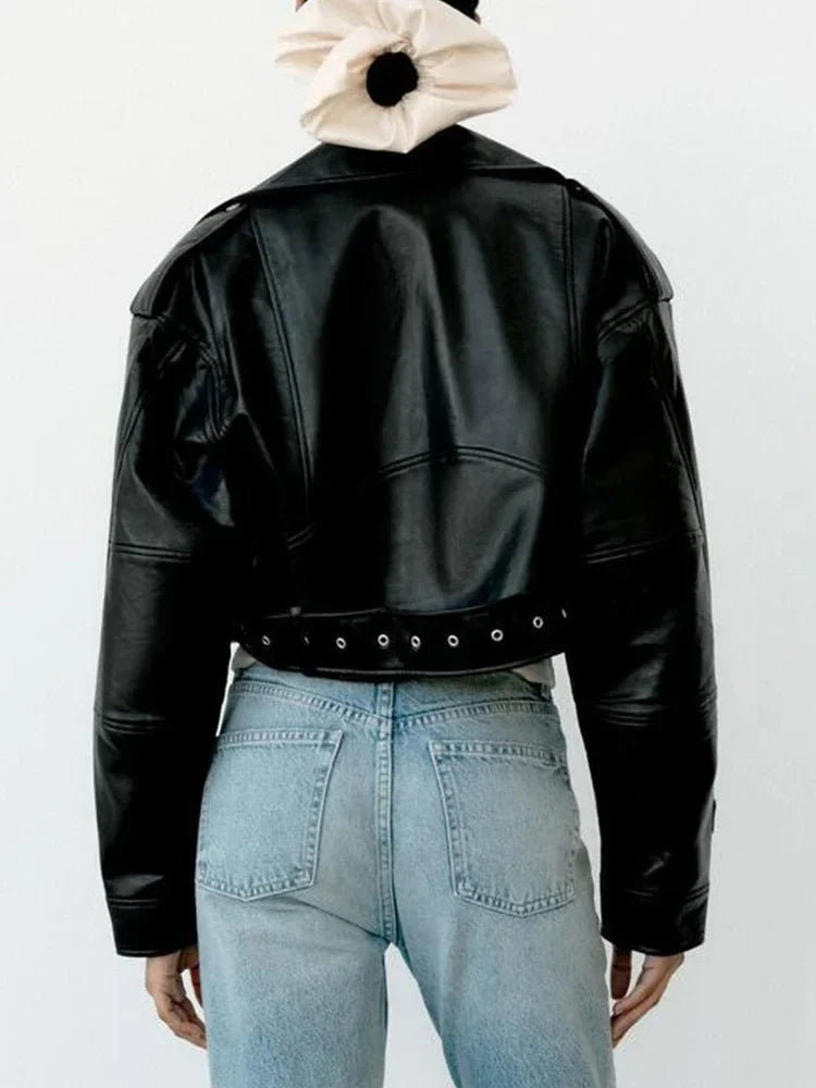 BBWM Women Oversized Vintage Loose Pu Faux Leather Short Jacket with Belt Streetwear Female Zipper Retro Moto Biker Coat Outwear