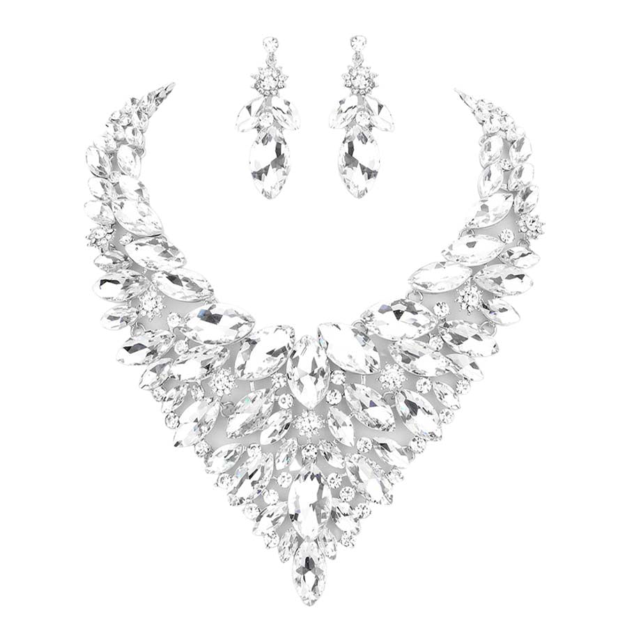 Silver Marquise Stone Cluster Statement Evening Necklace, These gorgeous marquise stone cluster jewelry sets will show your perfect beauty & class on any special occasion. The elegance of these stones goes unmatched. Great for wearing at a party, wedding, wedding showers, birthdays, prom, graduation, anniversaries, etc. Perfect for adding just the right amount of glamour and sophistication to important occasions.