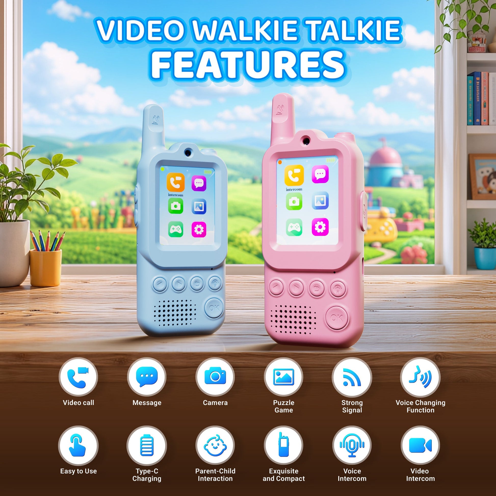 Contixo TK2 Kids Video Walkie Talkies With Camera (2 Pack) – 2.0” Screen Video Intercom, Voice & Photo Messaging, Kids 2-Way Radio With Emojis & Games, Rechargeable 2.4G Walkie Talkies for Boys & Girls Ages 3+