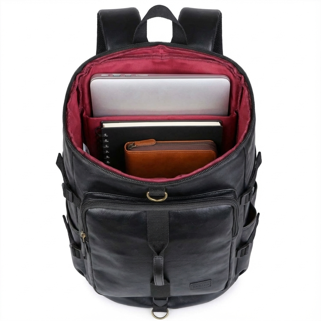 Black backpack with red interior showing a laptop and books on a white background