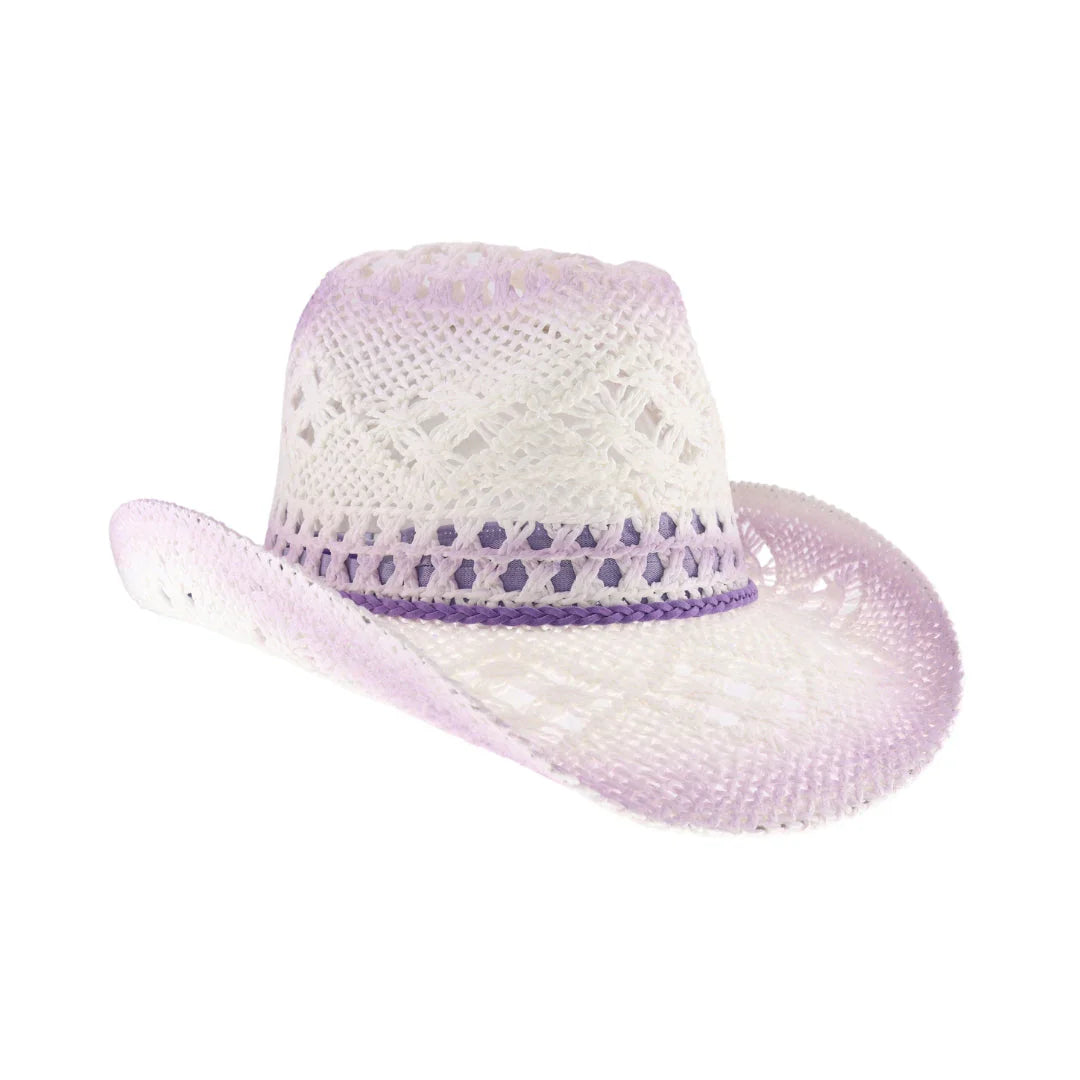 ombre open weave cowboy hat by C.C in white and lavender with curved brim