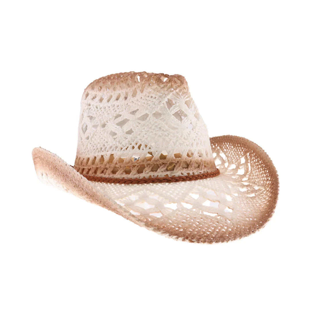 ombre open weave cowboy hat by C.C in white and tan with curved brim