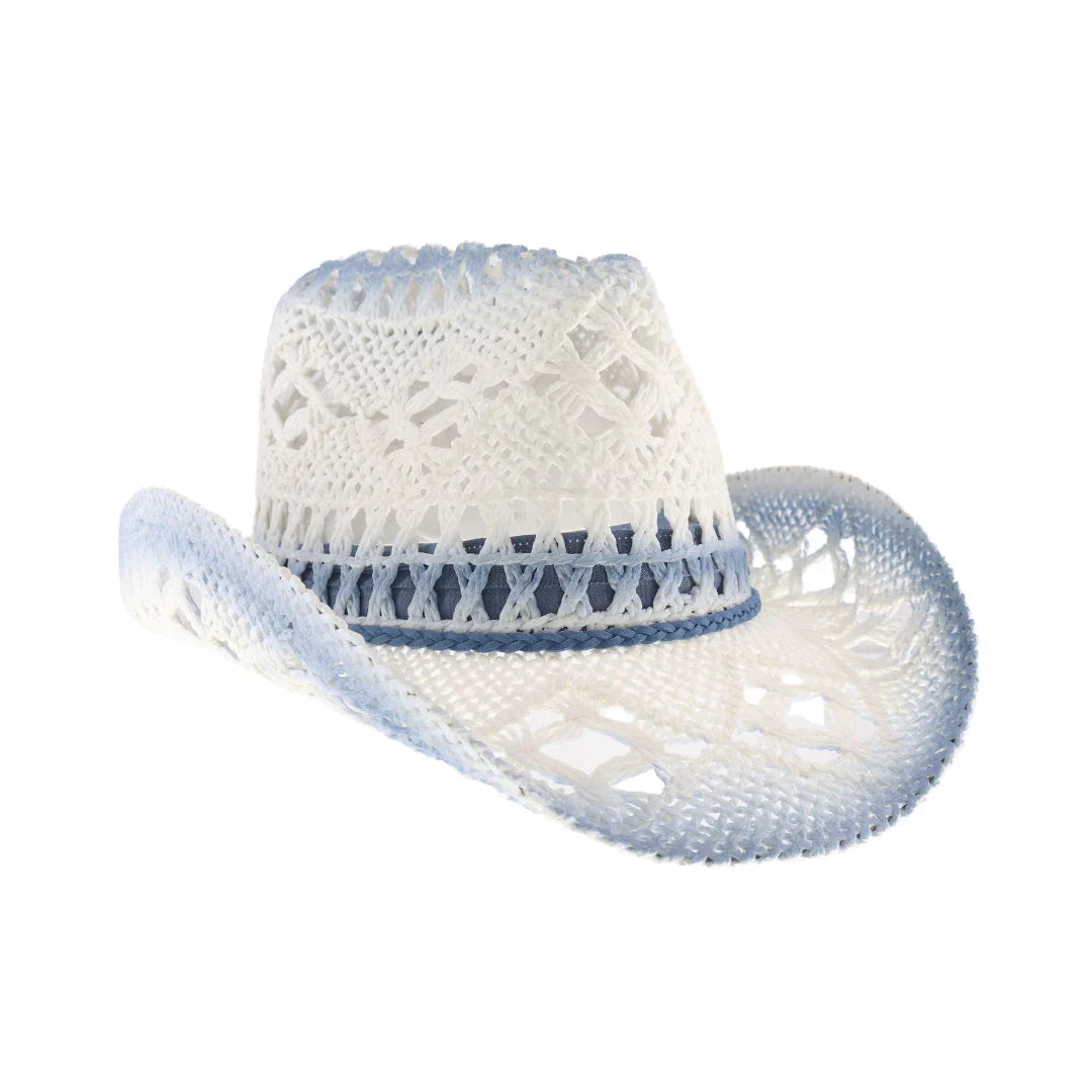 ombre open weave cowboy hat by C.C in white and denim with curved brim