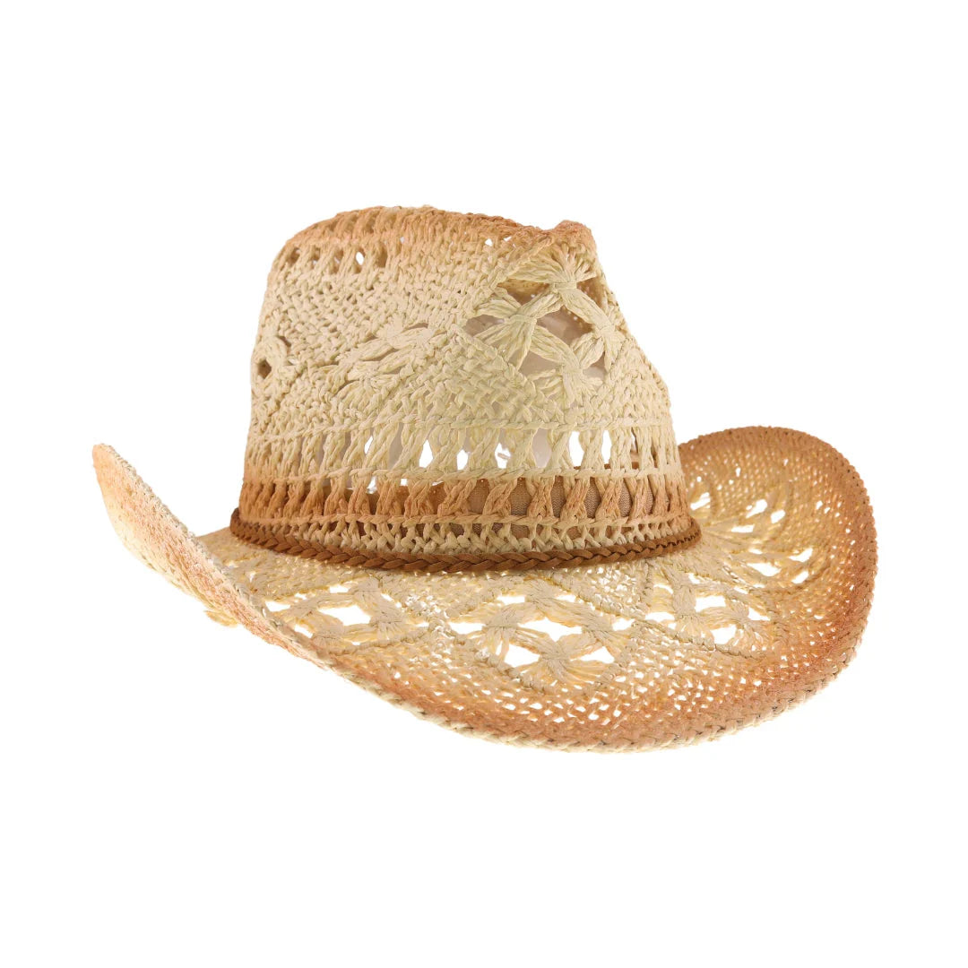 ombre open weave cowboy hat by C.C in tan with curved brim