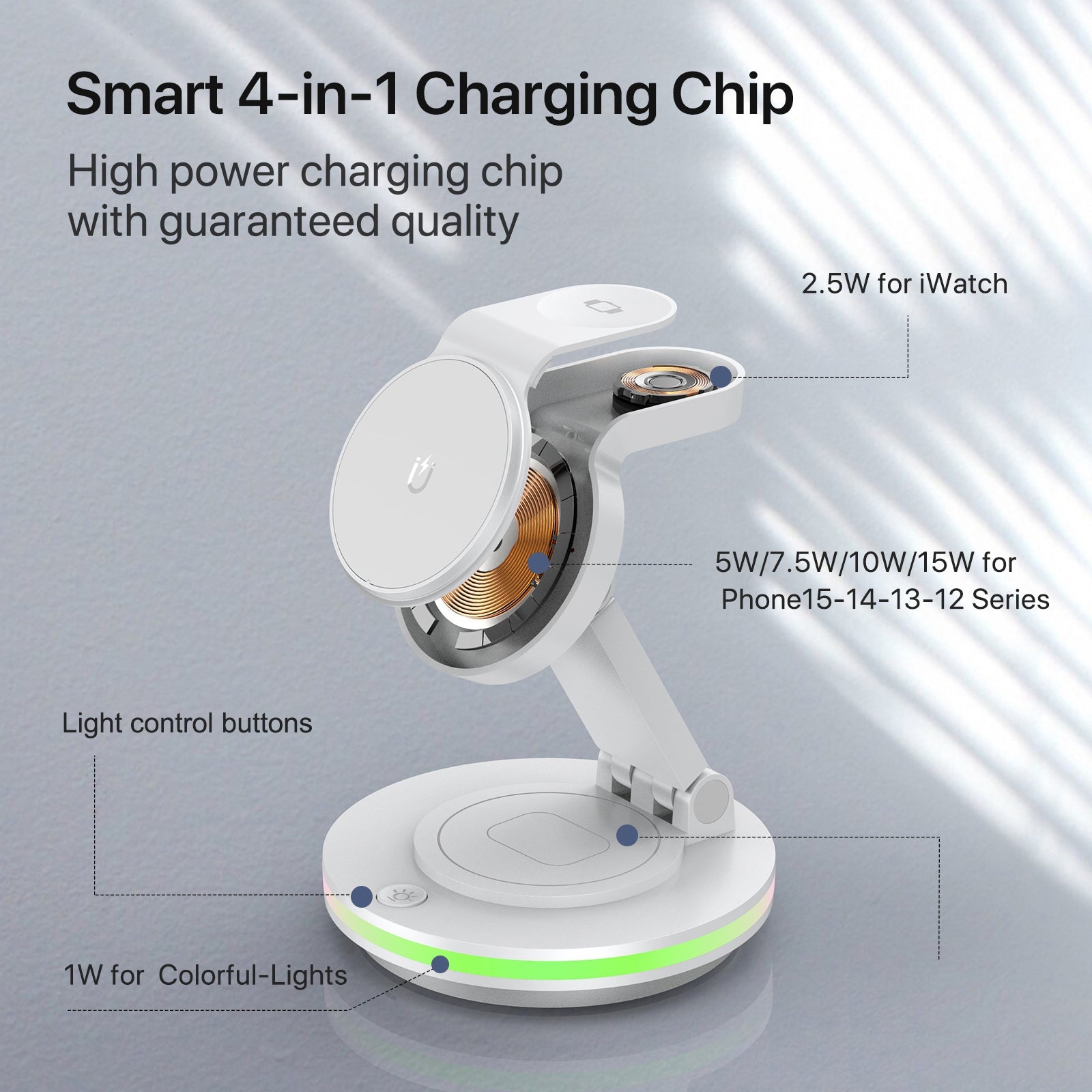 Foldable 4-in-1 Magnetic Wireless Charging Station with 7-Color Night Light for iPhone, Apple Watch & AirPods by Infinite Basics