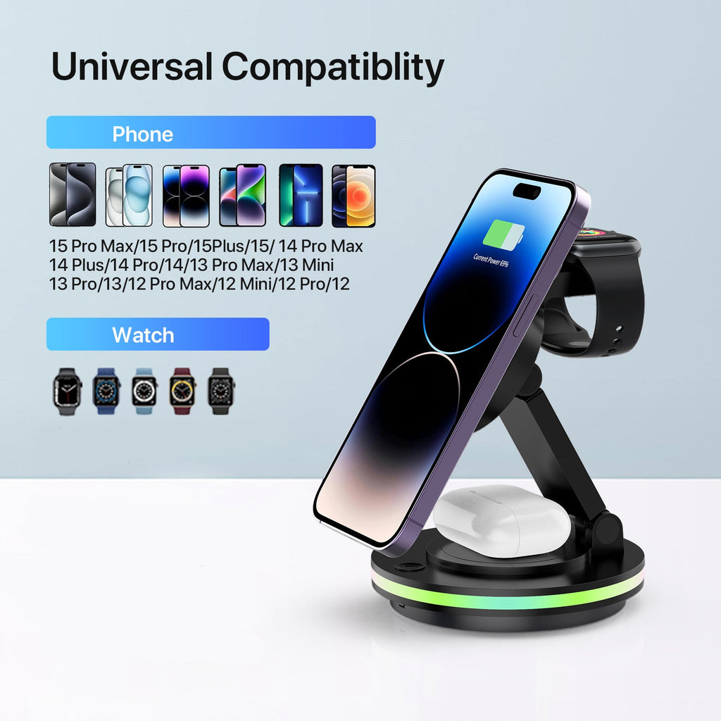 Foldable 4-in-1 Magnetic Wireless Charging Station with 7-Color Night Light for iPhone, Apple Watch & AirPods by Infinite Basics