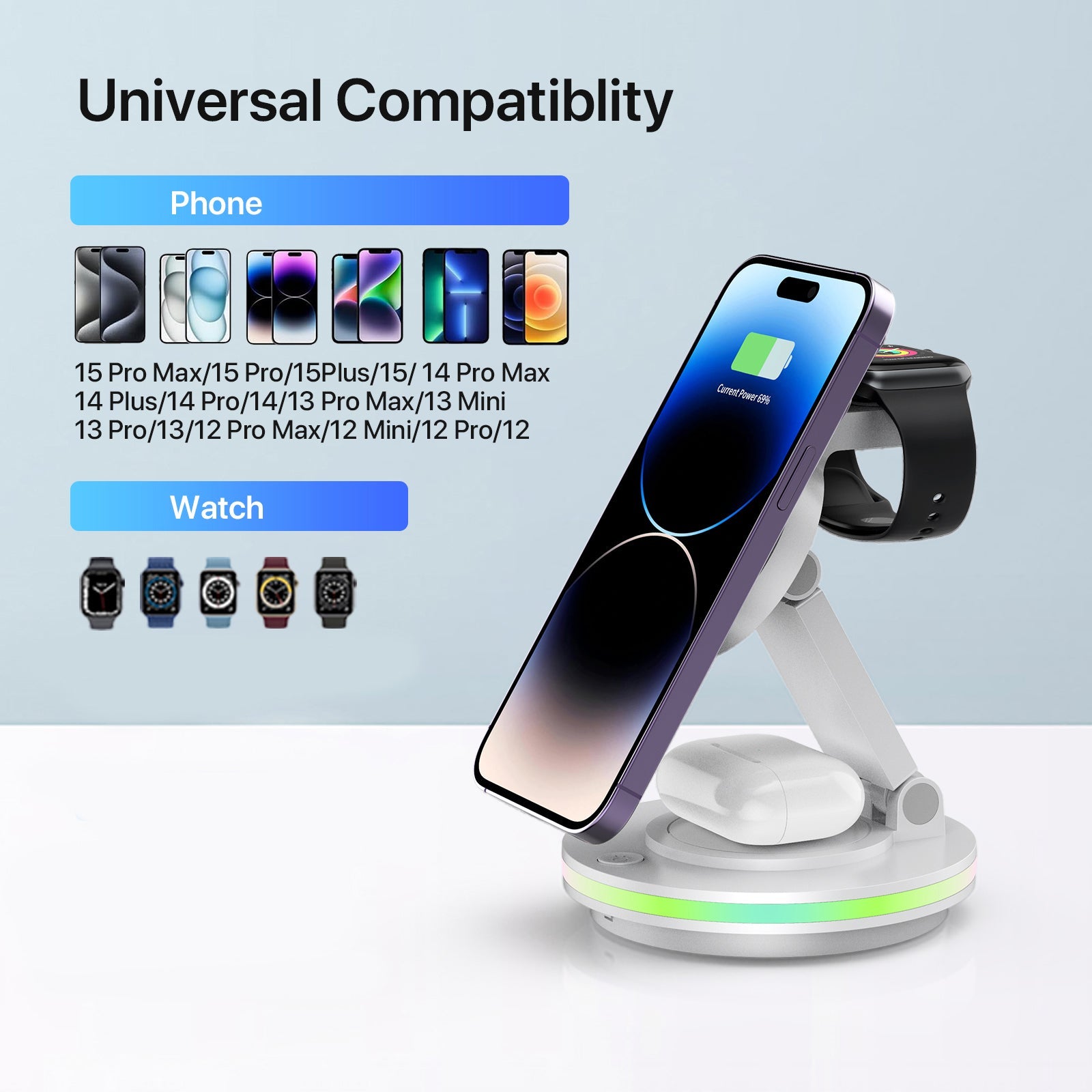 Foldable 4-in-1 Magnetic Wireless Charging Station with 7-Color Night Light for iPhone, Apple Watch & AirPods by Infinite Basics