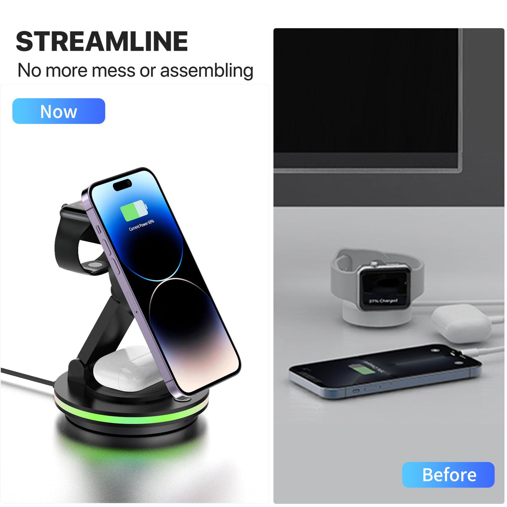 Foldable 4-in-1 Magnetic Wireless Charging Station with 7-Color Night Light for iPhone, Apple Watch & AirPods by Infinite Basics