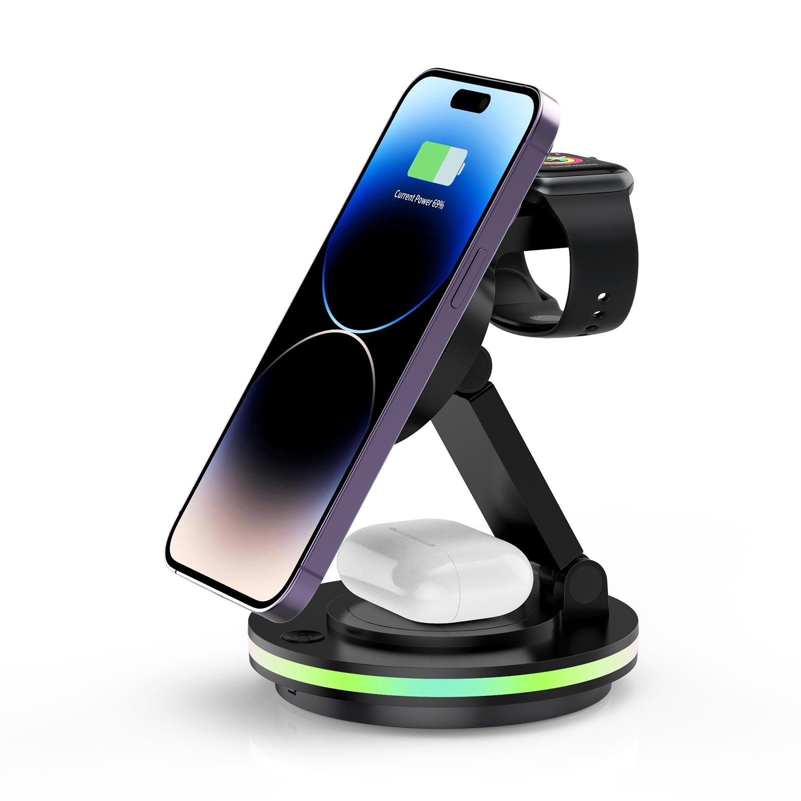 Foldable 4-in-1 Magnetic Wireless Charging Station with 7-Color Night Light for iPhone, Apple Watch & AirPods by Infinite Basics