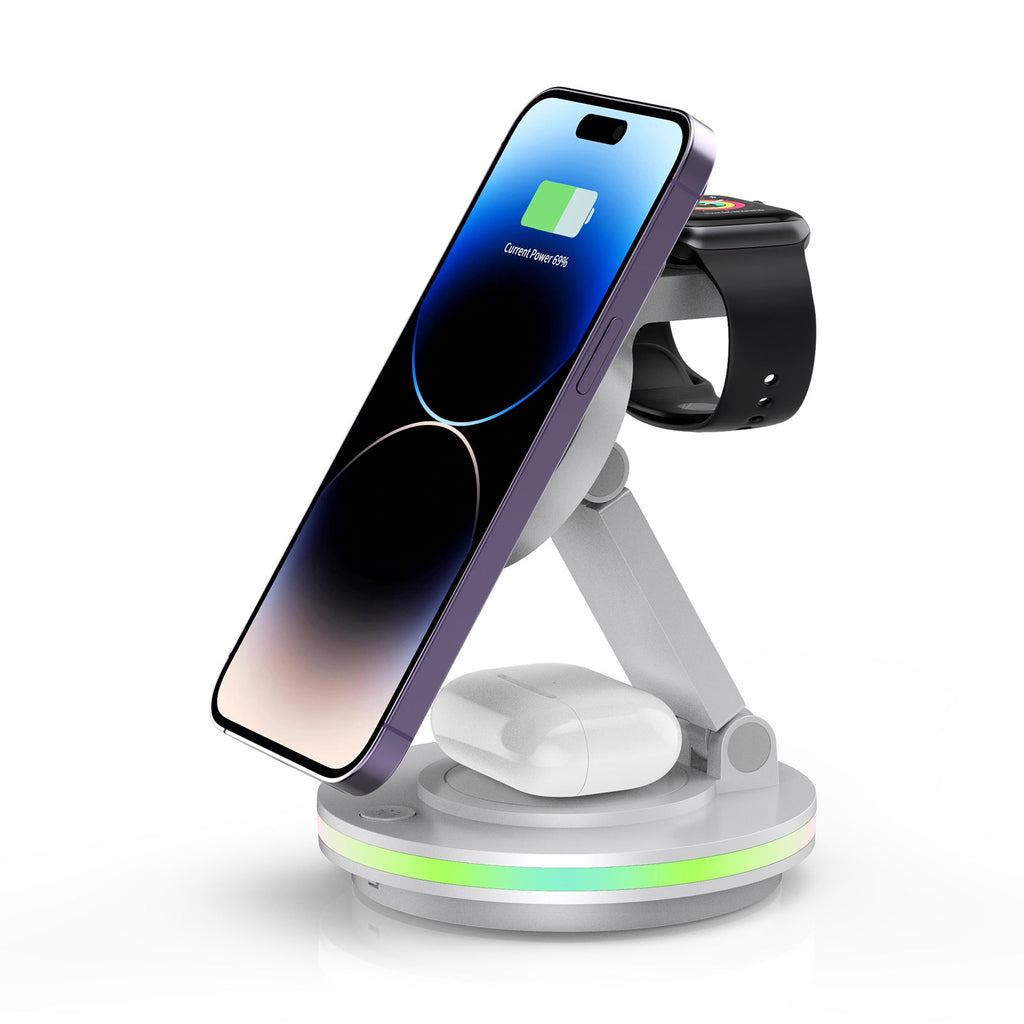 Foldable 4-in-1 Magnetic Wireless Charging Station with 7-Color Night Light for iPhone, Apple Watch & AirPods by Infinite Basics
