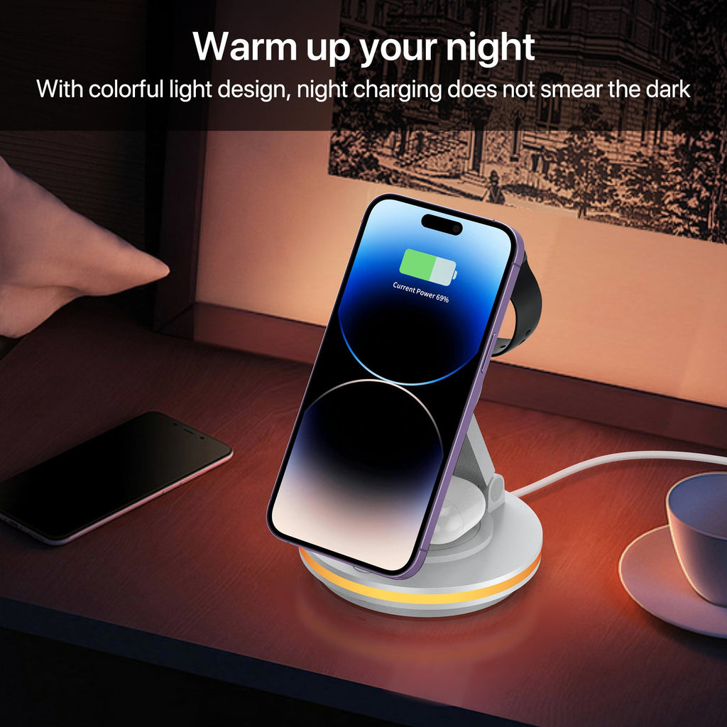 Foldable 4-in-1 Magnetic Wireless Charging Station with 7-Color Night Light for iPhone, Apple Watch & AirPods by Infinite Basics