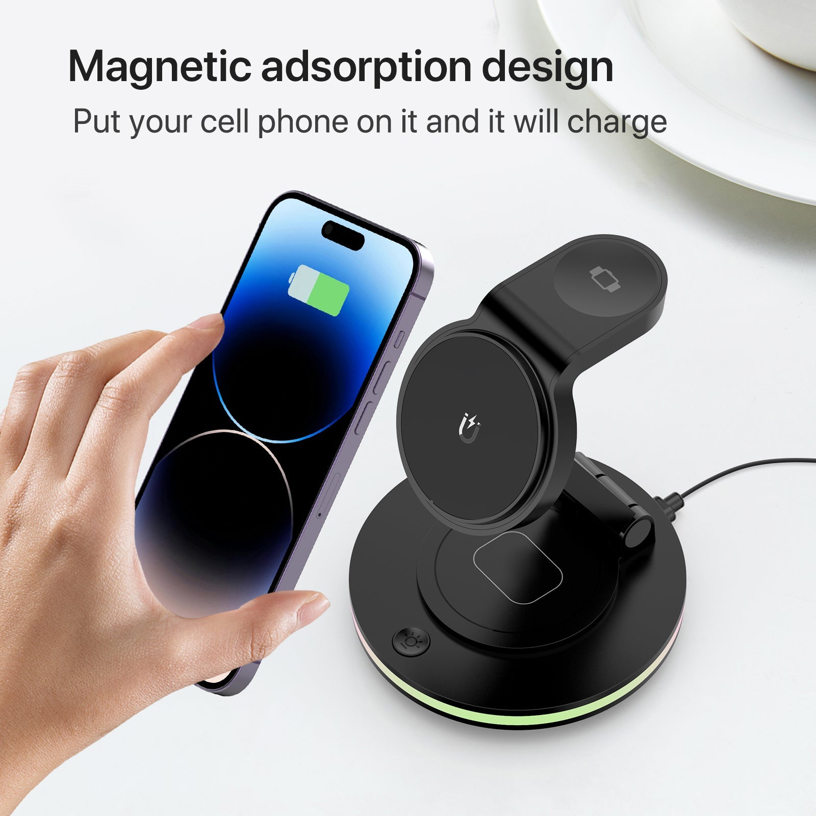 Foldable 4-in-1 Magnetic Wireless Charging Station with 7-Color Night Light for iPhone, Apple Watch & AirPods by Infinite Basics