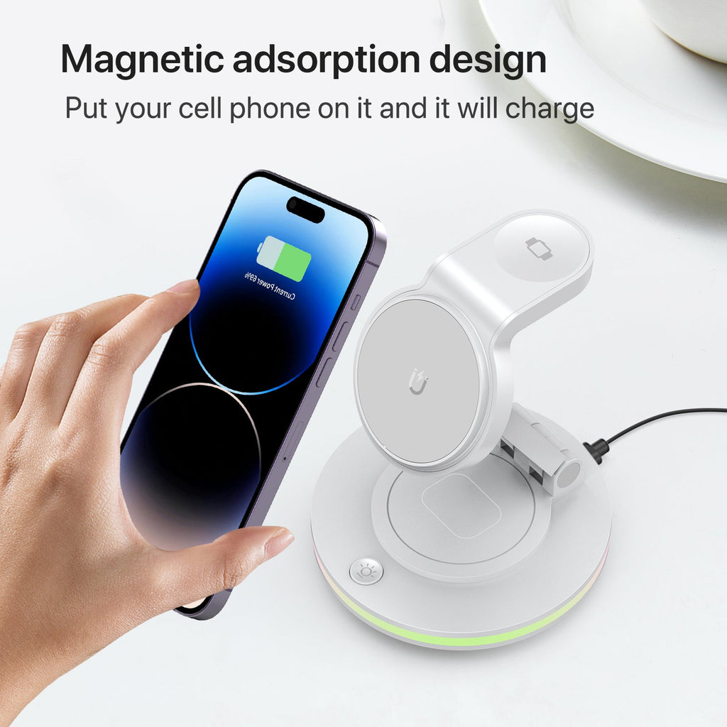 Foldable 4-in-1 Magnetic Wireless Charging Station with 7-Color Night Light for iPhone, Apple Watch & AirPods by Infinite Basics