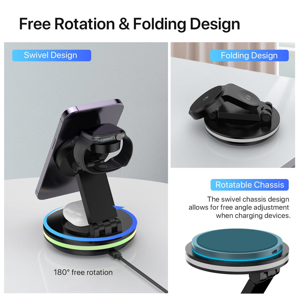 Foldable 4-in-1 Magnetic Wireless Charging Station with 7-Color Night Light for iPhone, Apple Watch & AirPods by Infinite Basics