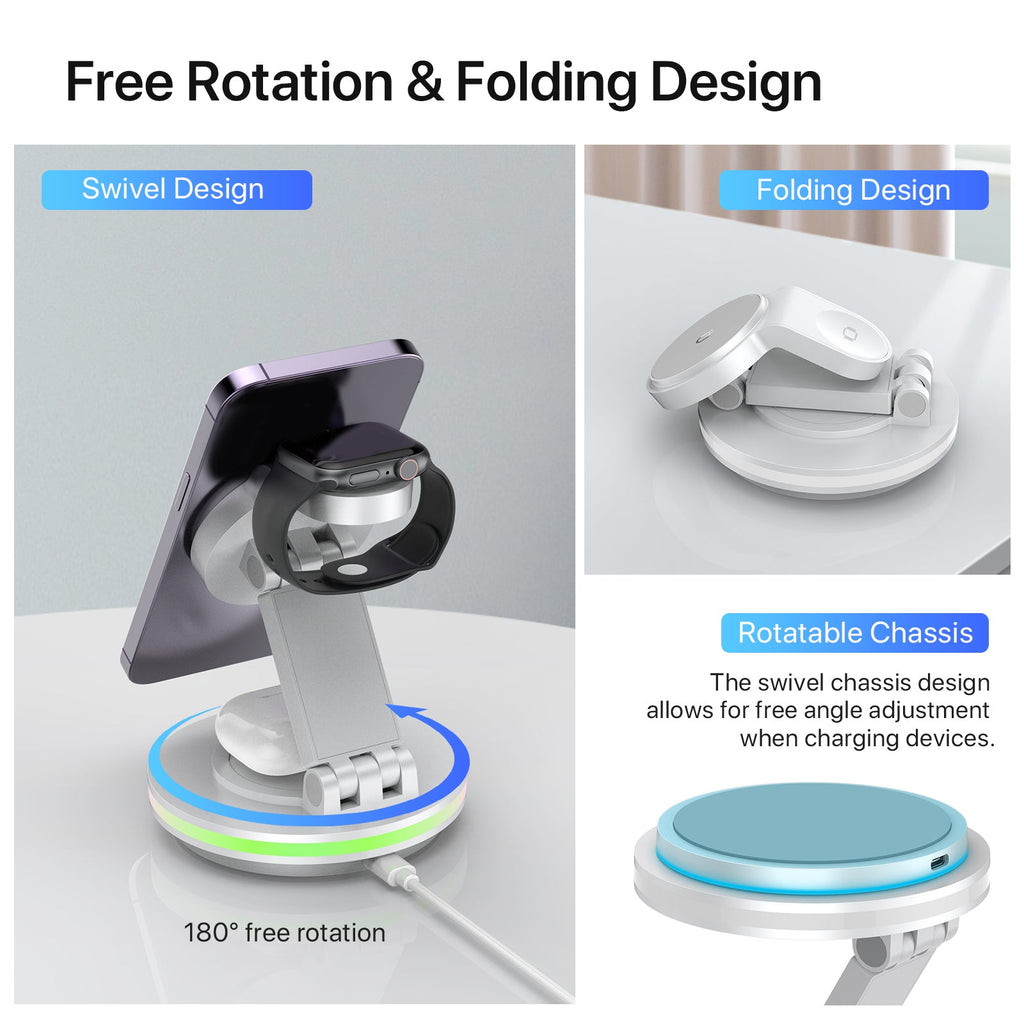 Foldable 4-in-1 Magnetic Wireless Charging Station with 7-Color Night Light for iPhone, Apple Watch & AirPods by Infinite Basics