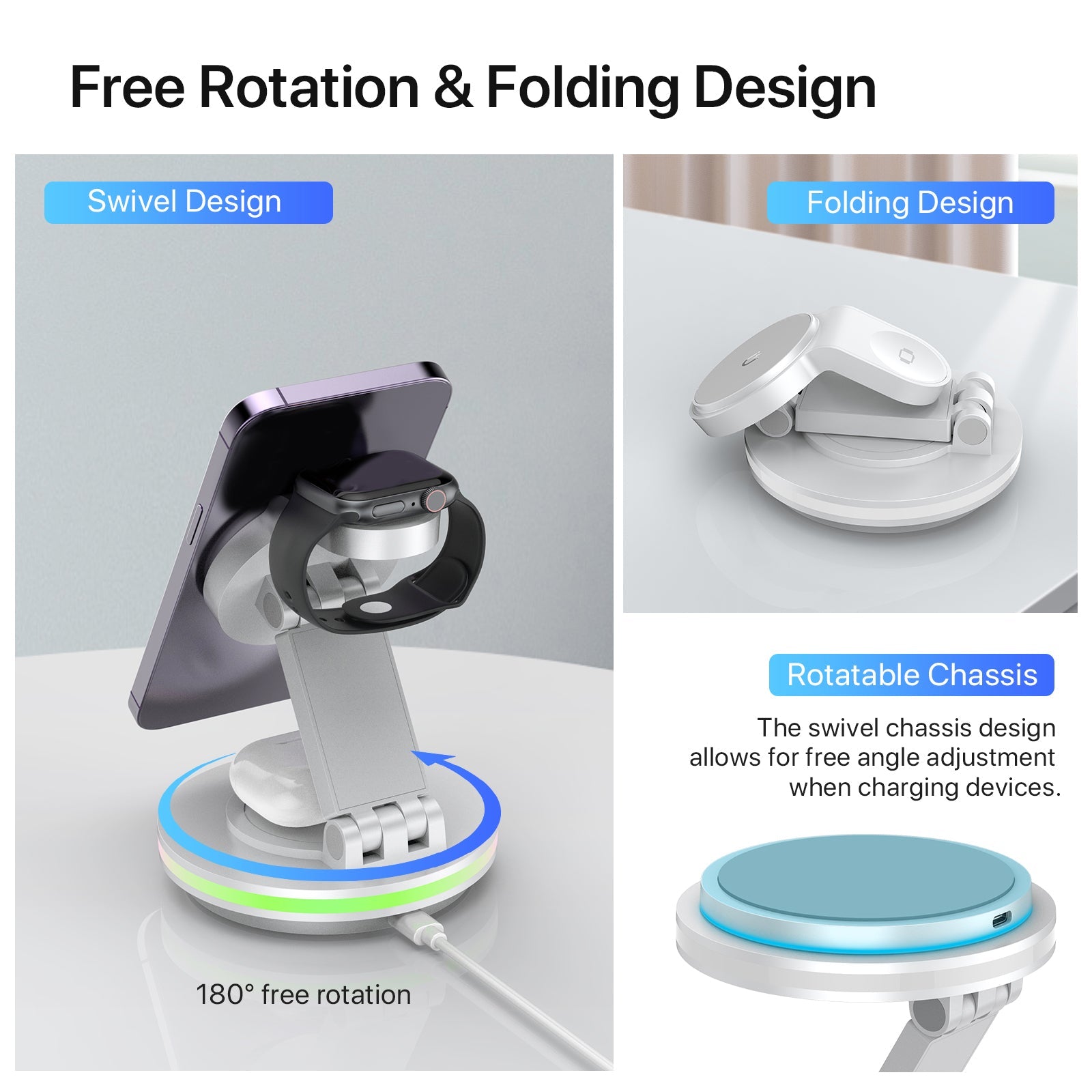 Foldable 4-in-1 Magnetic Wireless Charging Station with 7-Color Night Light for iPhone, Apple Watch & AirPods by Infinite Basics