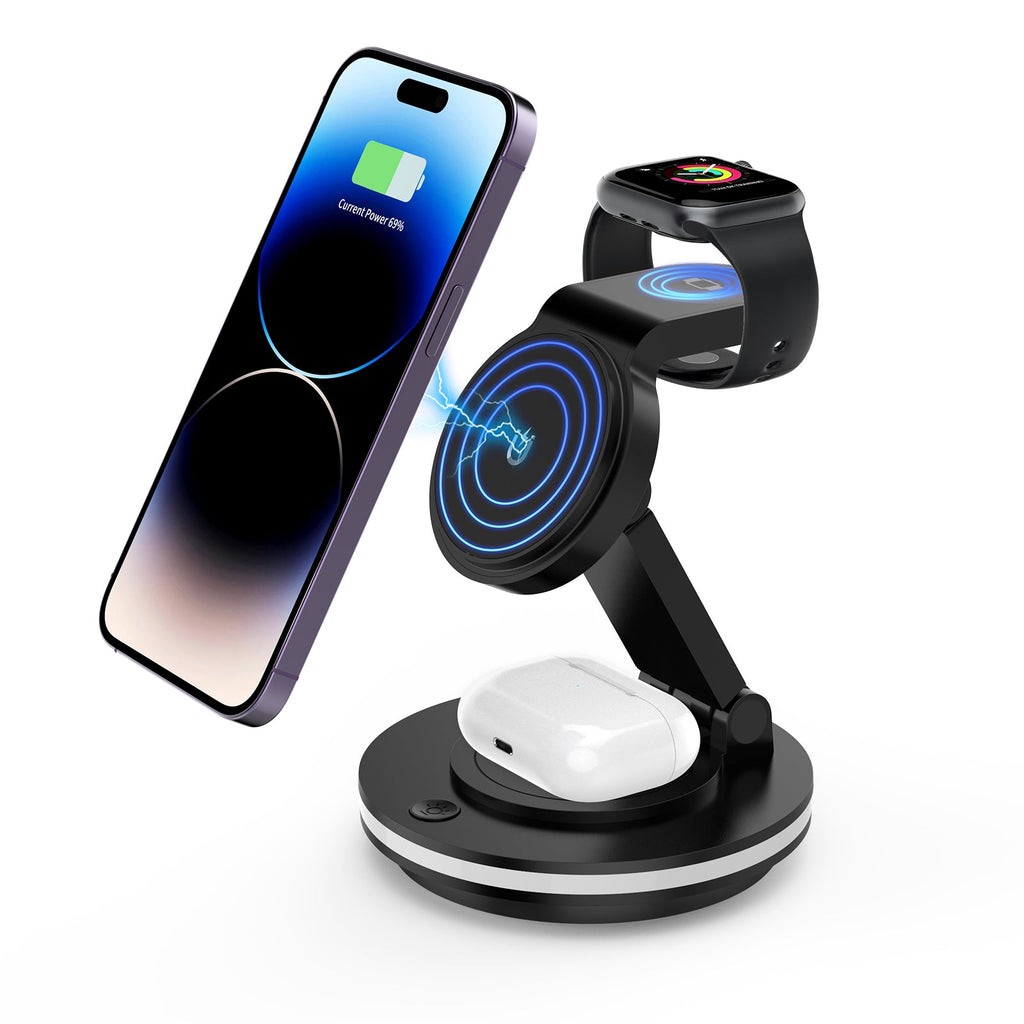 Foldable 4-in-1 Magnetic Wireless Charging Station with 7-Color Night Light for iPhone, Apple Watch & AirPods by Infinite Basics