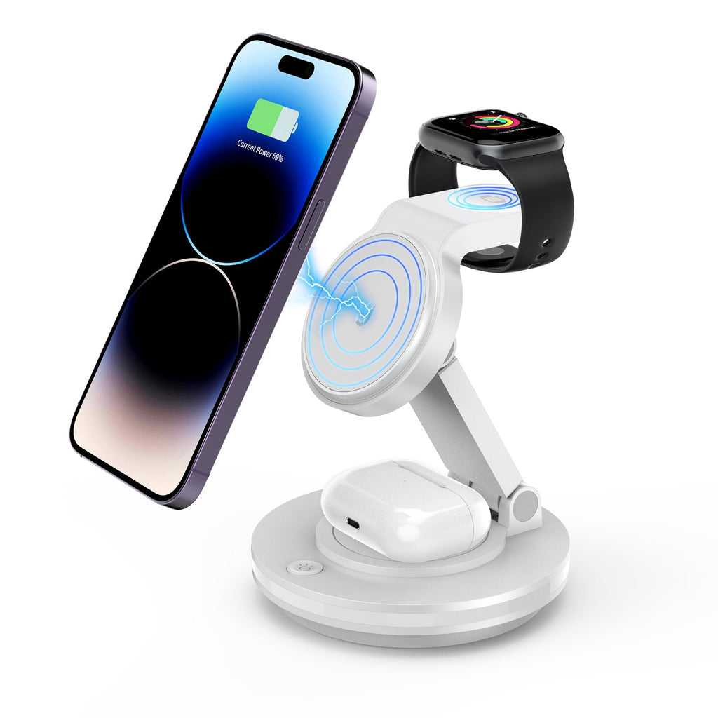 Foldable 4-in-1 Magnetic Wireless Charging Station with 7-Color Night Light for iPhone, Apple Watch & AirPods by Infinite Basics