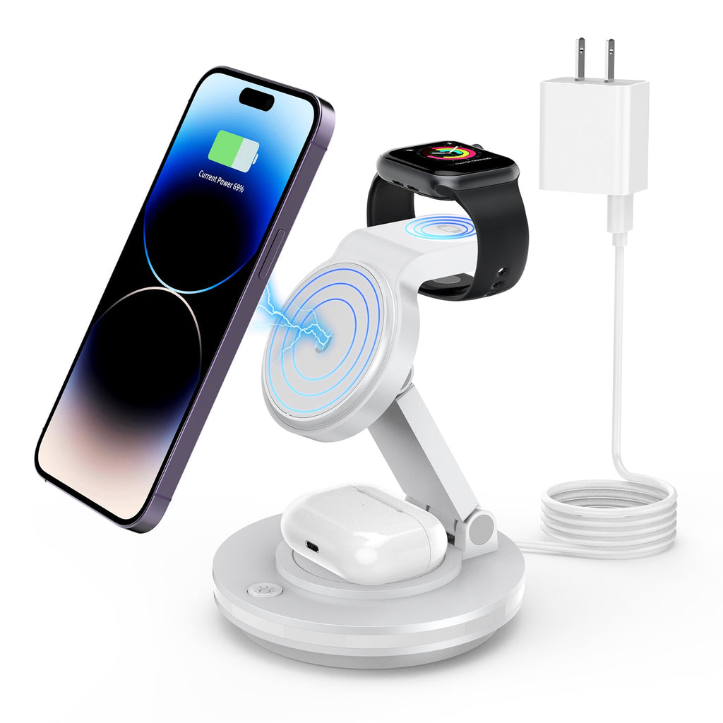 Foldable 4-in-1 Magnetic Wireless Charging Station with 7-Color Night Light for iPhone, Apple Watch & AirPods by Infinite Basics