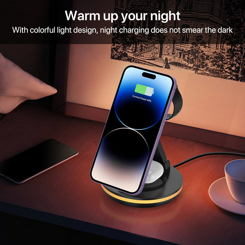 Foldable 4-in-1 Magnetic Wireless Charging Station with 7-Color Night Light for iPhone, Apple Watch & AirPods by Infinite Basics